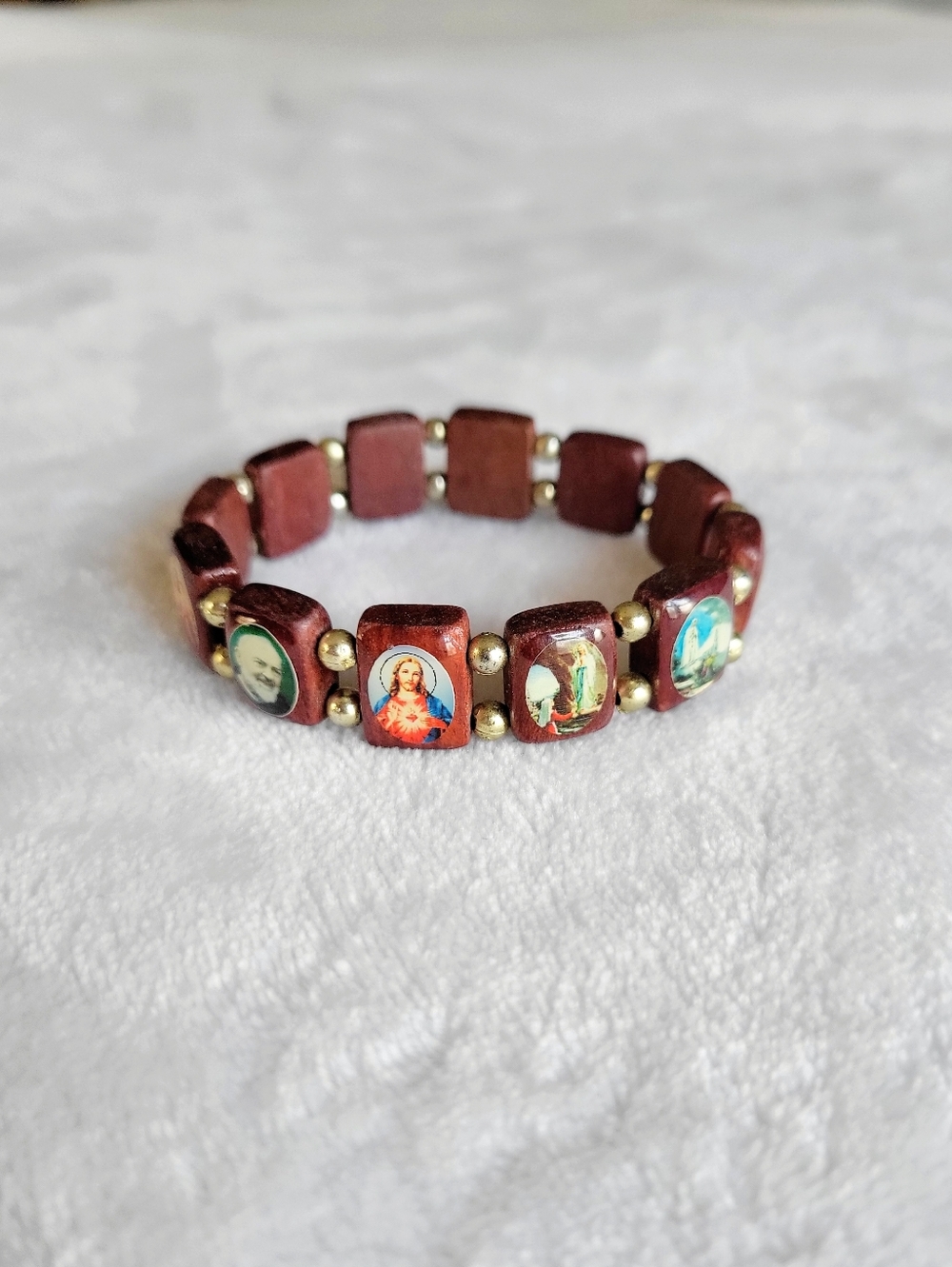 Religious Saints Wood Bead Bracelet in Dark Brown with Gold Accents